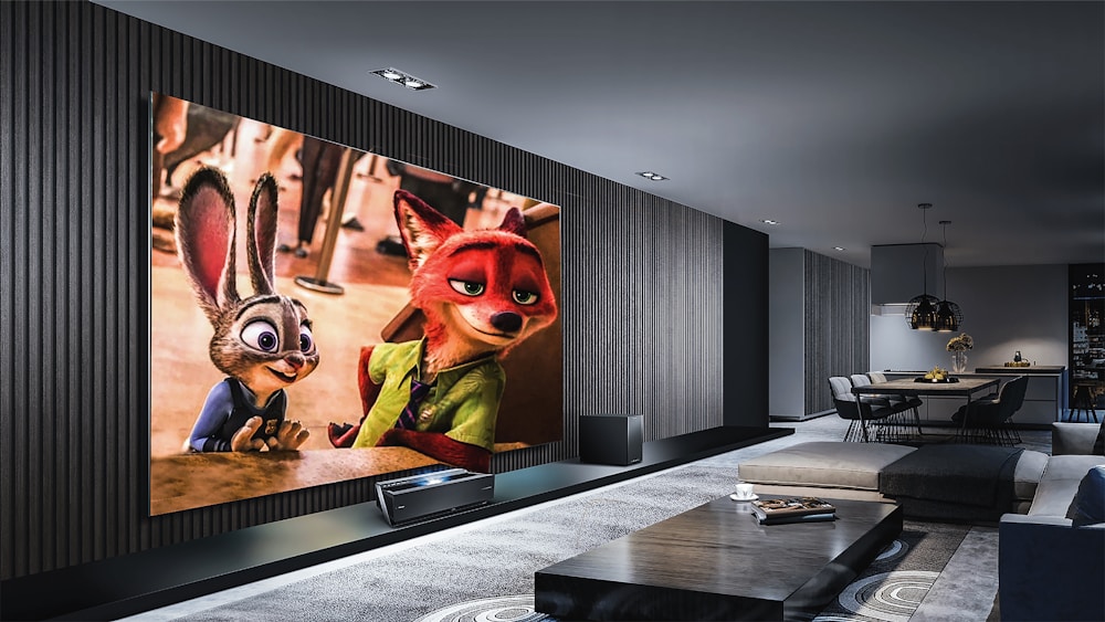 Modern living room with large projector screen and surround sound