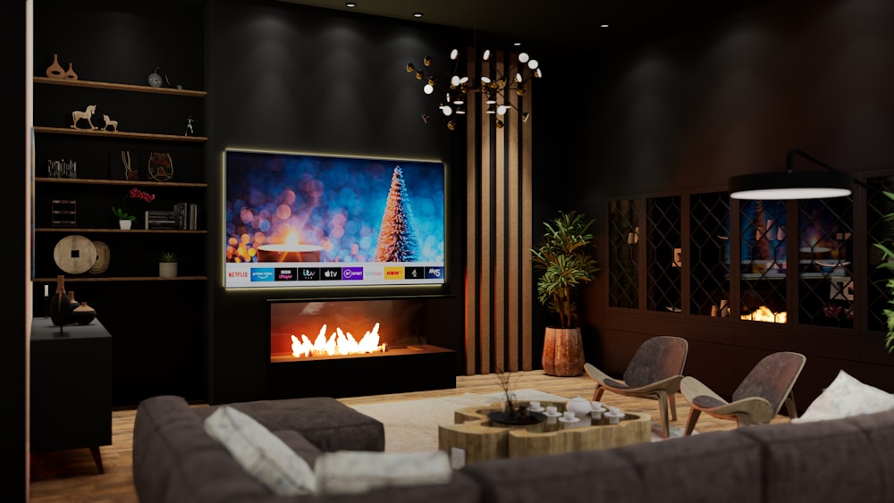Premium dark living room with smart TV and fireplace