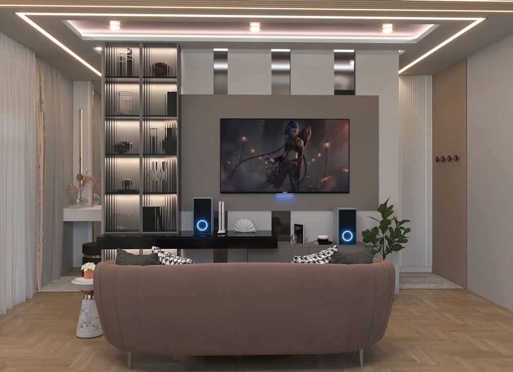 Living room entertainment setup with tower speakers and LED ceiling