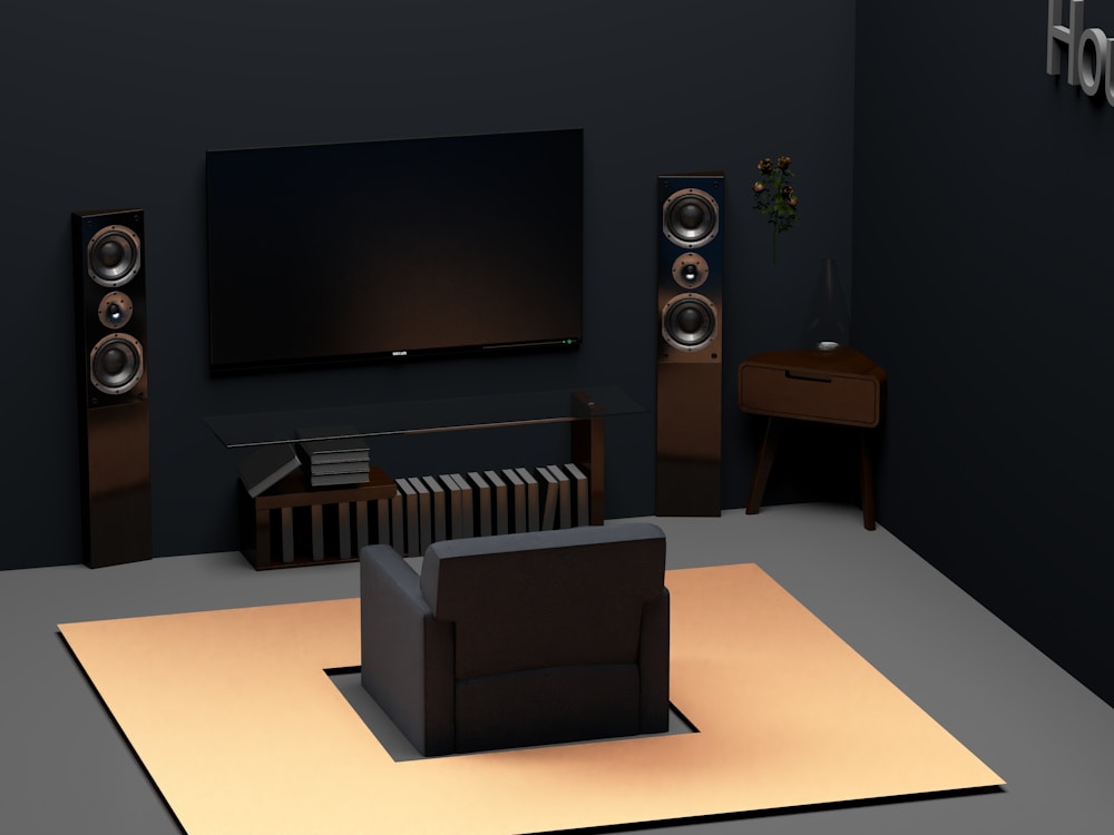 Home theater setup with floor-standing speakers and big screen TV